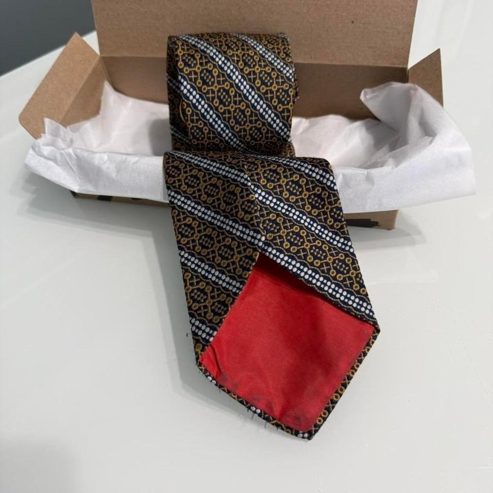 Vintage May Brothers Tie – Blue & Gold Geometric Stripe – Mid-Century Style